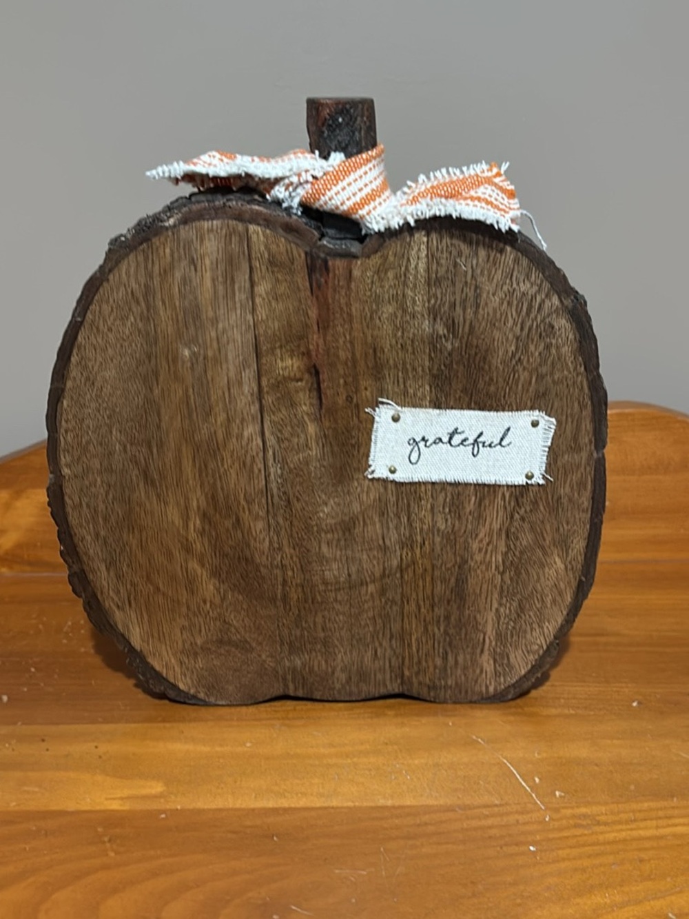 Wooden Pumpkin wood Decor with 'Grateful' Tag and Orange Ribbon